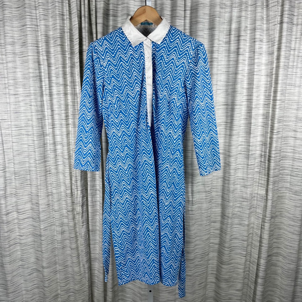 J.McLaughlin Blue White Zigzag Shirt Dress‎ Contrast Collar Belted Medium